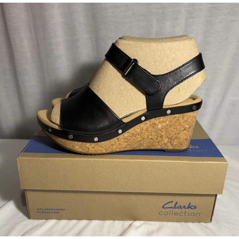 NEW NIB CLARKS Annadel Clover Wedge Sandal Size 7 WIDE Black Leather Shoes Women
